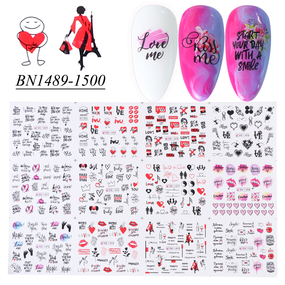 36 Pcs Brief Nail Water Decals Bloem Slechte Gril Russische Woord Nail Art Stickers Voor Nagels Liefde Slider Manicure decor SA1561