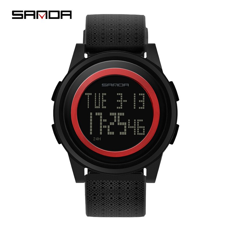 Sanda 2022 outdoor sport horloge heren multifunctioneel horloge wekker chrono 3 bar waterdicht digitaal horloge reloj hombre: Zwart rood