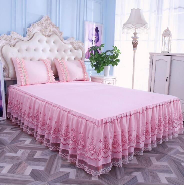 Romantisk blomstringsmønster ensfarvet sengetæppe nederdel skridsikker støvflæser queen size sengetæppe seng sengetæppe nederdel pudebetræk: D / 200 cm x 220xm
