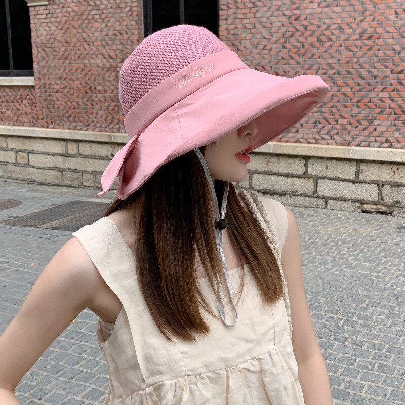 Chapeau de soleil en maille souple pour femmes, seau pliable, à Large bord, nœud papillon, Anti-UV, pour la plage, nouveauté, été,: Pink