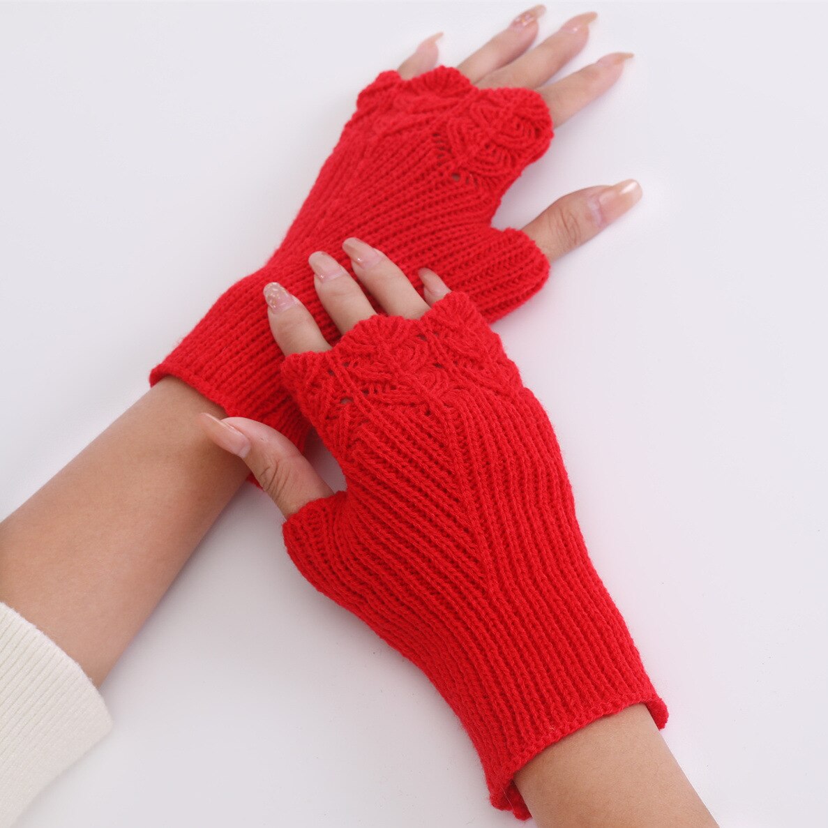 Korean Wool Gloves Autumn Winter Female Student Versatile Knitted Warm Half Finger Open Finger Gloves: Red