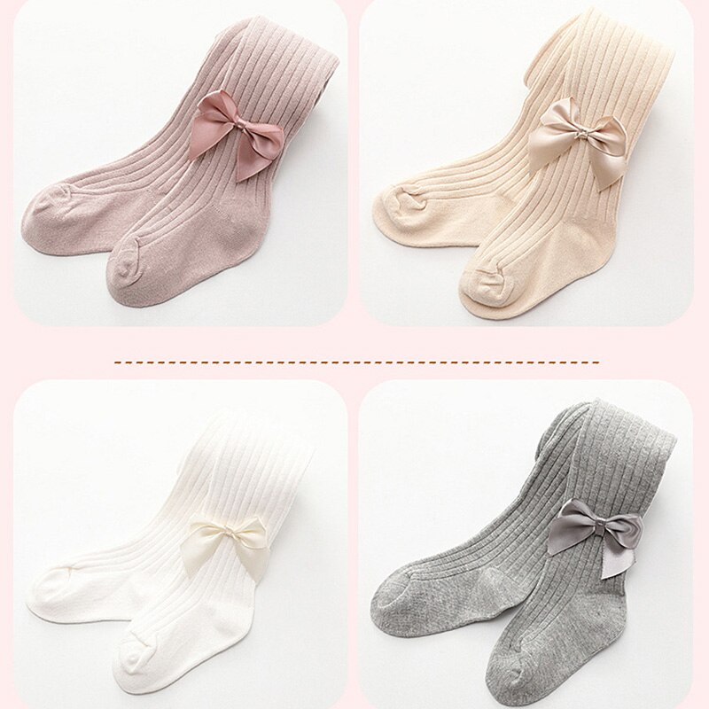 Collants à nœud papillon pour filles, bas en coton pour enfants, doux, respirant, tricoté, noir, Beige