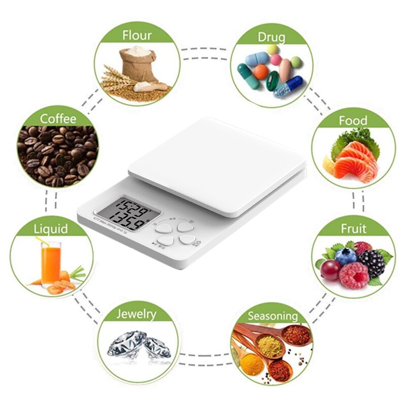 Digital Hand Drip Coffee Scale Precision Sensors Weight with Timer Multifunction Measuring Tool Kitchen Food Scale,White