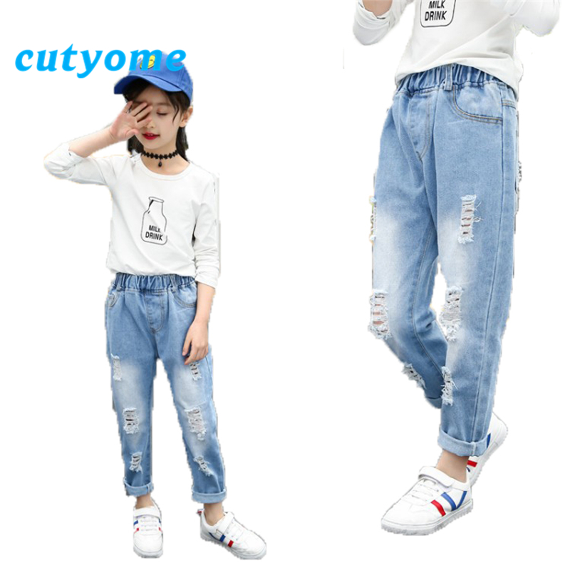 Jean déchiré bleu clair pour filles, pantalon en Denim ample, taille élastique, pour adolescentes de 3 à 16 ans, été