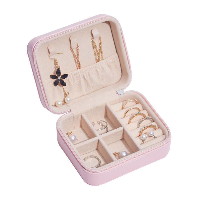 Jewelry Box Portable Multi Function PU Leather Fresh and Simple Earrings Ring Jewellry Storage Necklace Case: mini pink