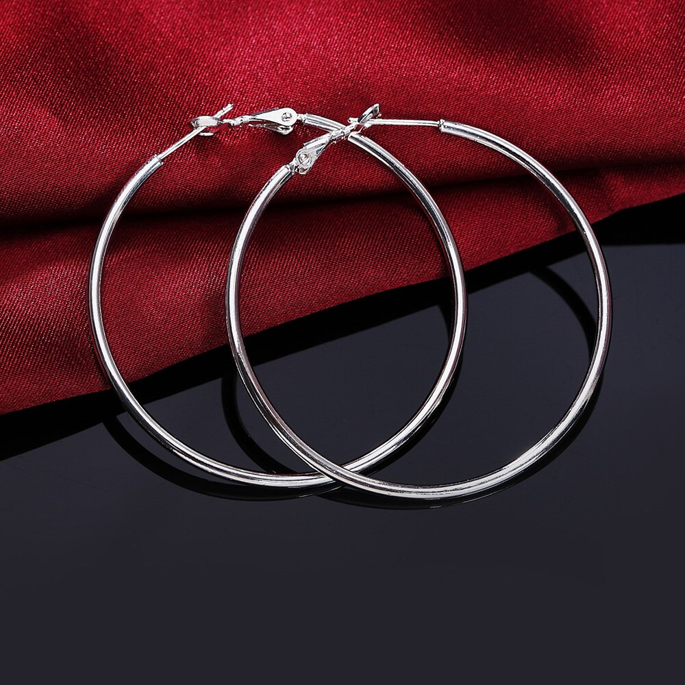 Echte 925 Zilveren Ronde Cirkel Hoop Oorbellen Sieraden Voor Vrouwen Dunne Kleine Big Hoops 50 MM 60 MM 70 MM 80 MM