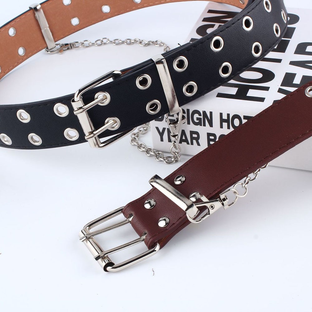 Femmes Punk chaîne ceinture réglable Double/simple rangée trou oeillet ceinture avec oeillet chaîne ceinture décorative