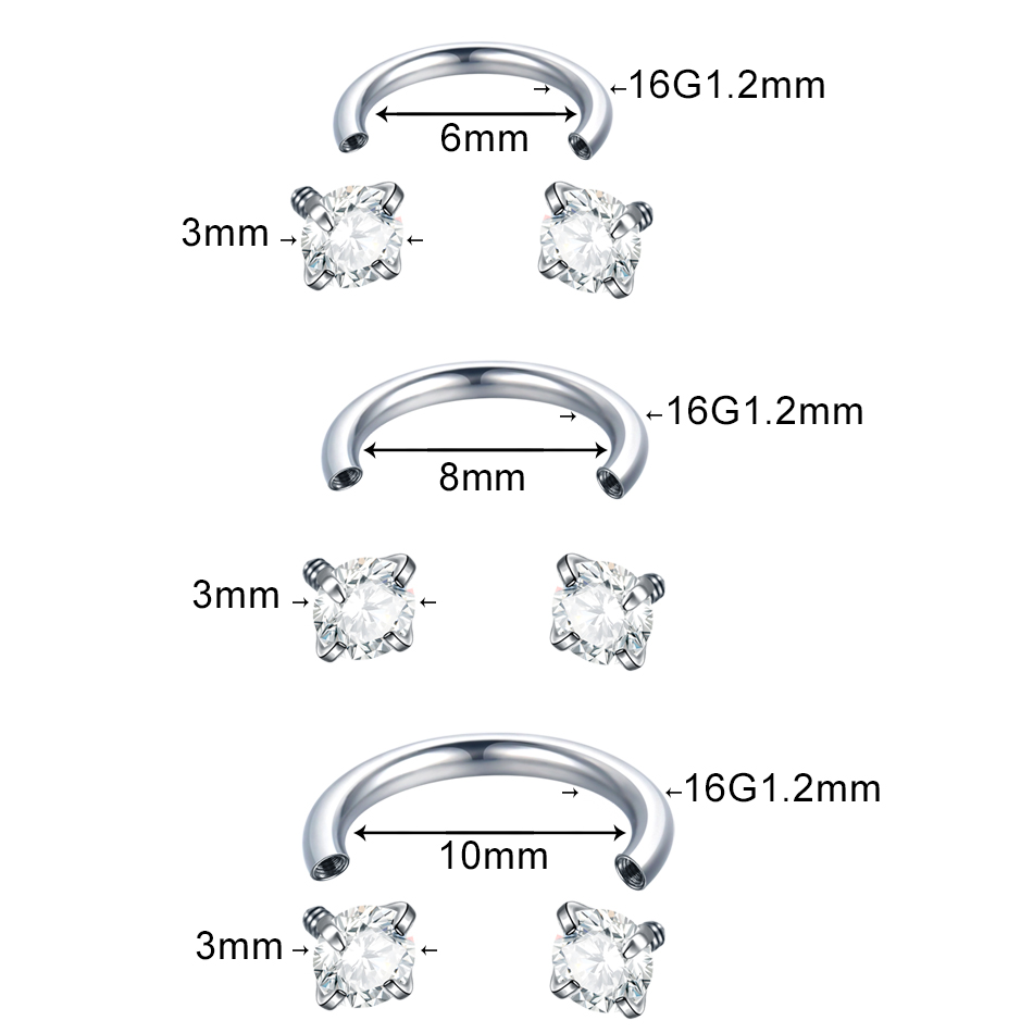 Anillo de herradura de titanio para nariz, conjunto de puntas para Piercing de tabique nasal, circonita redonda, cartílago de la oreja, Tragus Daith, joyería para Piercing corporal, 1 ud.