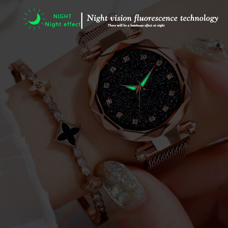 Luxe Rose Goud Vrouwen Armband Horloges Minimalisme Sterrenhemel Magneet Gesp Mode Klok Romeinse Cijfer Wijzerplaat Dames Horloge