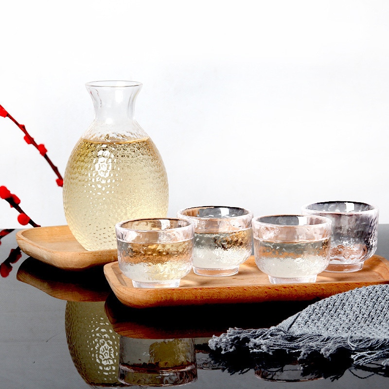 Japanese Sake Pot Set Golden Edge Glass Sake Bottle Set Rice Wine Vodka Wine Cup Flasks Liquor Glasses Barware Wedding