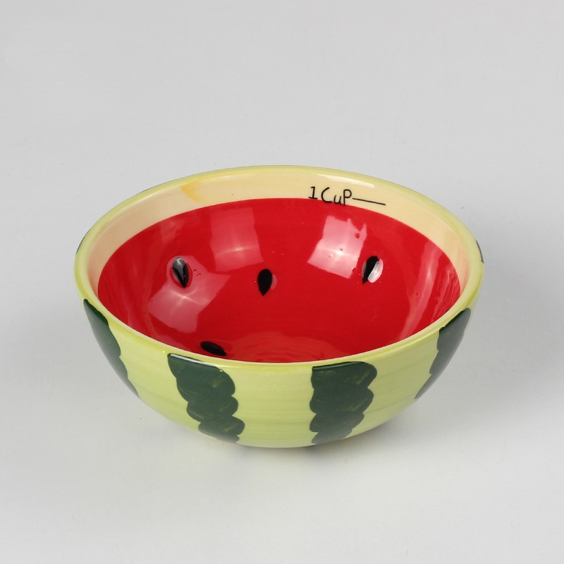 Hand-painted Fruit Ceramic Rice Dessert Bowl Japanese and Korean Home Cute Bowl Watermelon Fruit Bowl Compote: Green waterlemon