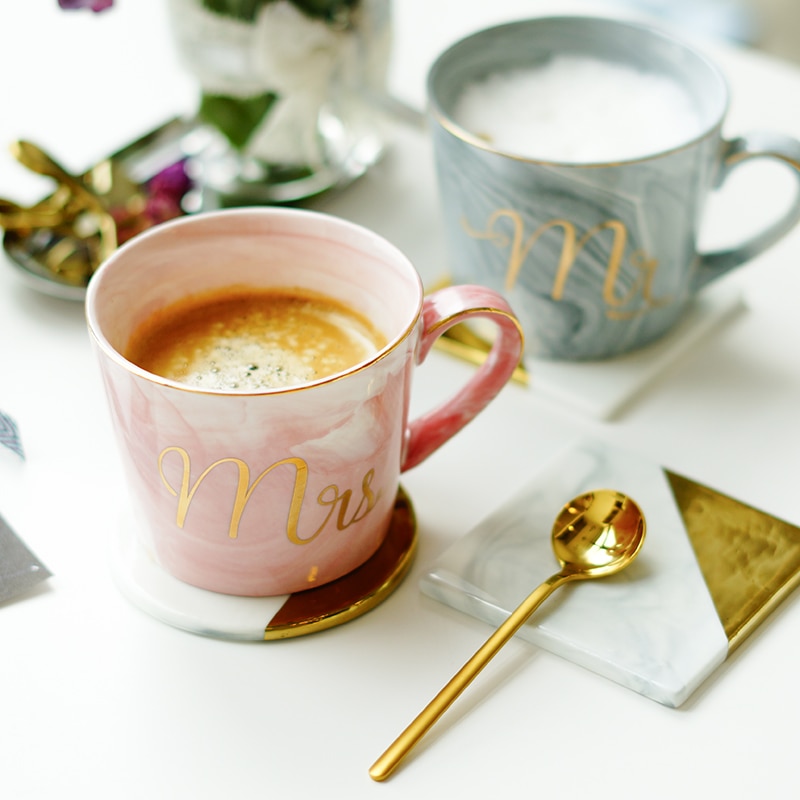 Pintado a mano del Monograma de Oro Natural De Mármol Señor y La Señora Del Té taza de Leche Taza Creativa Taza de Café de Porcelana Del Aniversario de Boda
