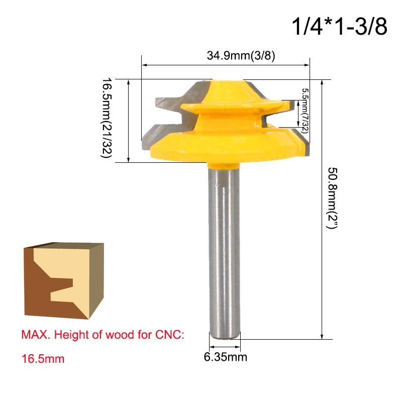 LAVIE 1Pc 1/4" Shank 6.35MM 8MM 45 Degree Lock Miter Router Bit Tenon Milling Cutter Woodworking Tool For Wood Tools MC01 MC: 6.35x34.9mm