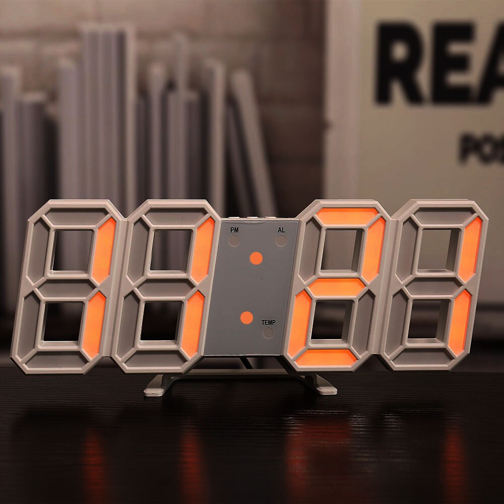 Klok 3d Klok Led Elektronische Klok Creatieve Wekker Woonkamer Wandklok Kalender Thermometer: white orange