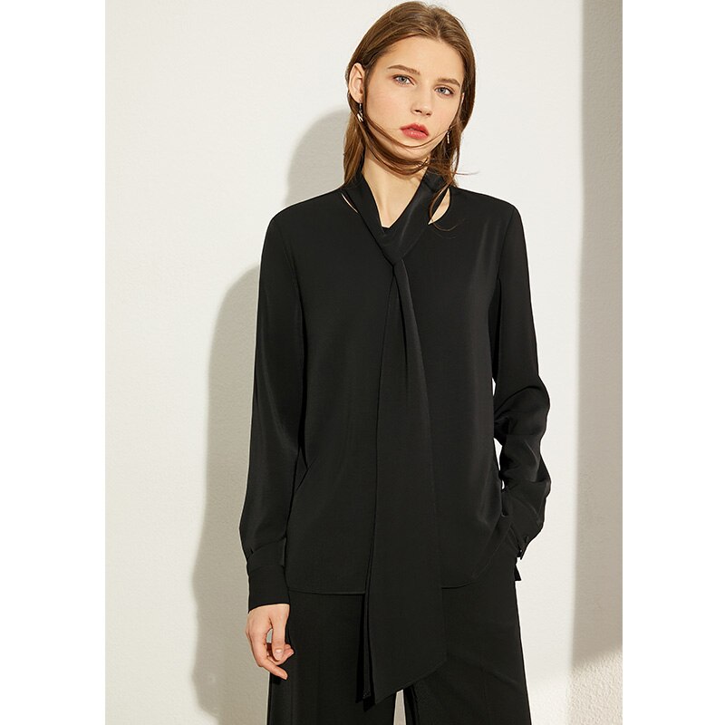 Amii-Blusa holgada informal con cuello redondo para otoño, Camisa lisa con cinturón para mujer, 12030268: black / XS