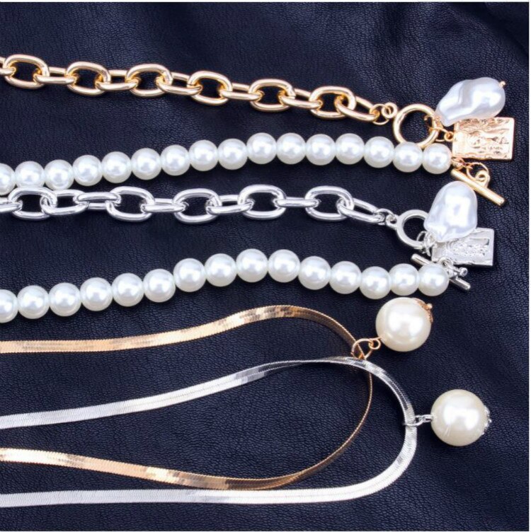 Women's 2 Layer Pearl Necklace Baroque Pearl Metal Charm Pendant Necklace Item Jewelry Gold Silver