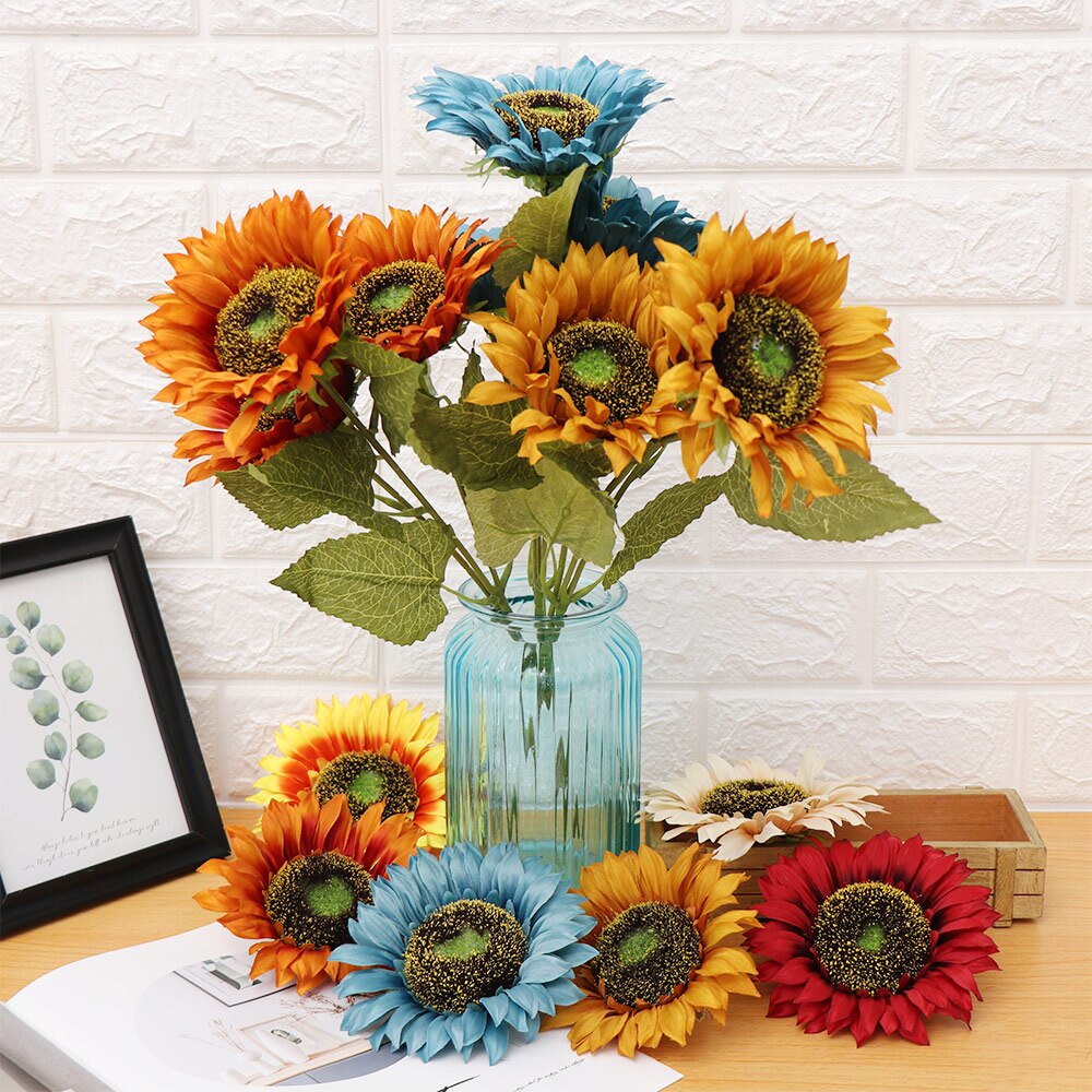 Cabeza de flores artificiales, girasol grande de seda hecho a mano para decoración de cajas de boda, guirnalda DIY, flores de floristería decorativa