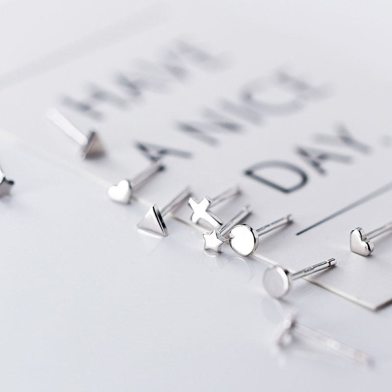 WTLTC Simple Mini Heart Star Cross Stud Earrings 925 Sterling Sliver Small Tiny Studs Earrings Femme Minimal Round Post Earrings