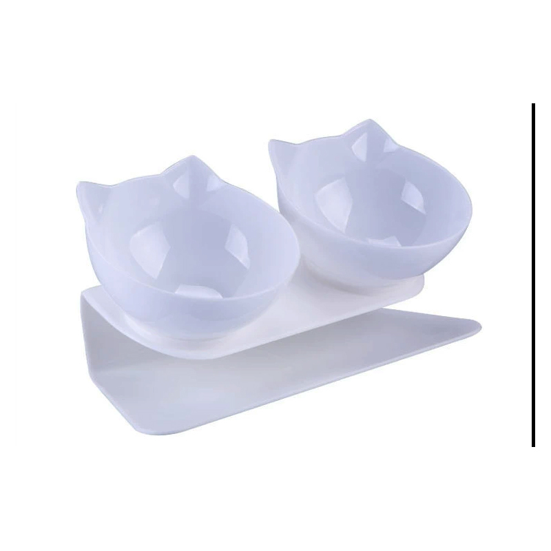 Double Cat Feeding Bowl PC Plastic Cat Shape 2 Cat feeder Container 15 Degree Tilted Pet Inclination Stand Cats Feeding Bowl: black
