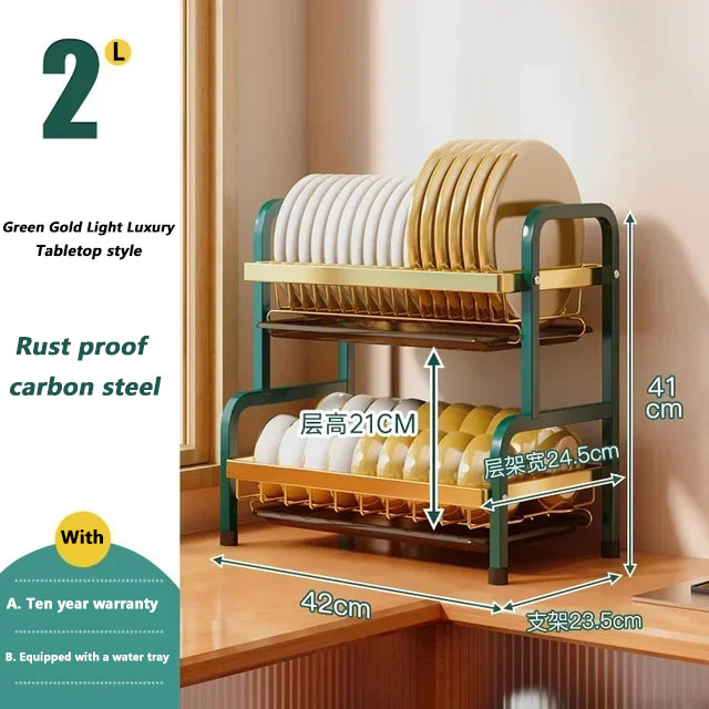 Stainless Steel 2-Tier Dish Drying Rack Large Rust-Proof Compact Kitchen Drainboard With Utensil Holder: green