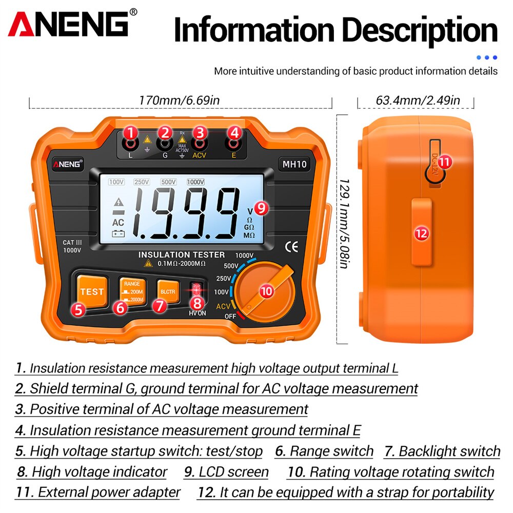 Aneng MH10 Digitale Megohmmeter Megger Meter Isolatie Aarde Ground Resistance 100-1000V Ohm Voltage Tester