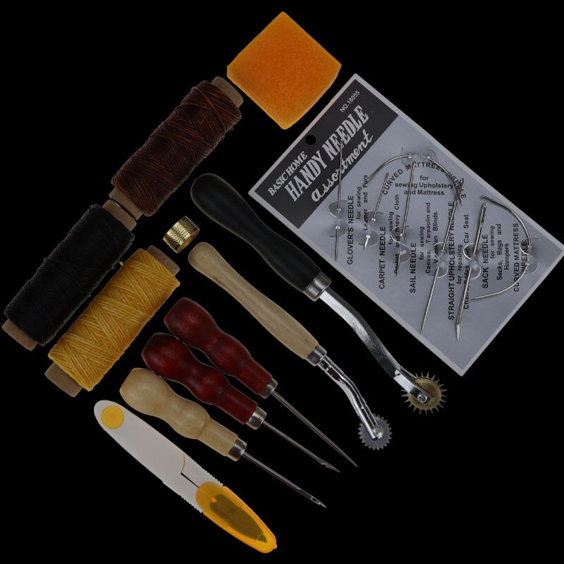 Leather Craft Punch Tools Kit Stitching Carving Working Sewing Saddle Groover Thread Awl Waxed Thimble Kit: 12PCS 1SET