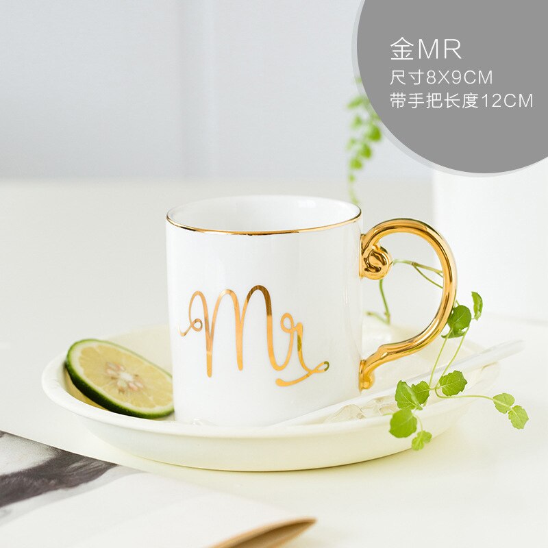Tasse à café en porcelaine de 350ml, en céramique, couleurs grises, roses, Mr et Mrs, motif blanc, poignée dorée, tasses à thé et lait,: C Style