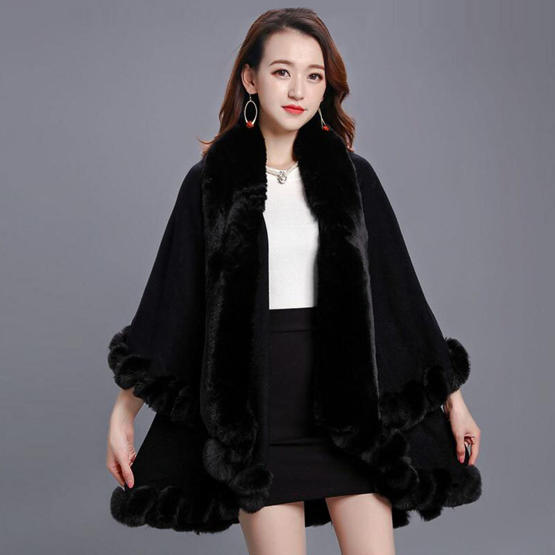 Cárdigan con cuello de piel de conejo sintética para mujer, de 2 capas capa larga, Poncho cálido y suelto, abrigo de invierno, 10 colores: Negro