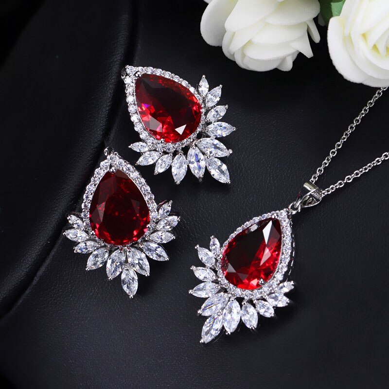 CWWZircons White Gold Color Cubic Zirconia Jewelry Big Tear CZ Ladies Necklace And Earring Set T051: red