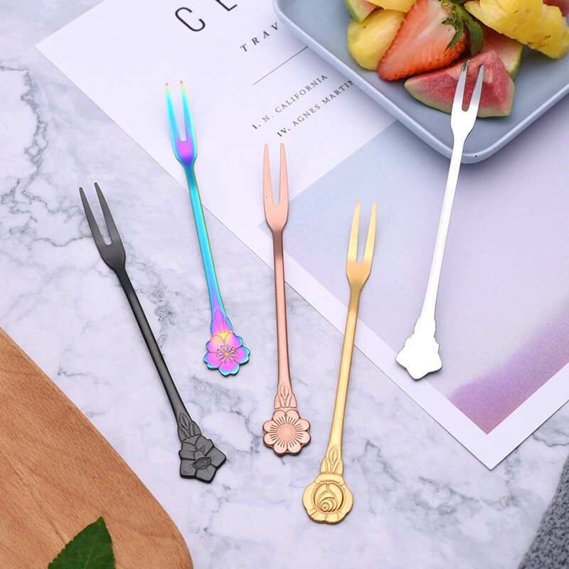 4PCS/Set Flowers Stainless Steel Fruit Fork Flower Handle Fruit Forks