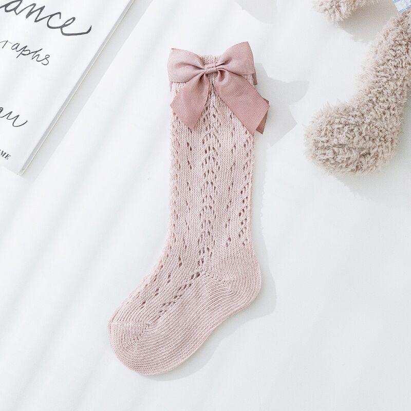 Calcetines largos con lazo para niñas pequeñas, calcetín hasta la rodilla, malla de algodón suave, estilo español, transpirables de 0 a 5 años: Rosa / 0-1 Years (S)