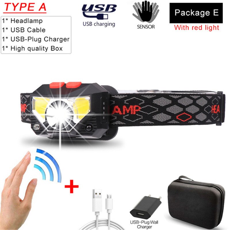 Meest Krachtige Led Koplamp T6 + Cob Led Oplaadbare Body Motion Sensor Zaklamp Head Light Fakkel Lamp Met Usb Camping vis: Package E