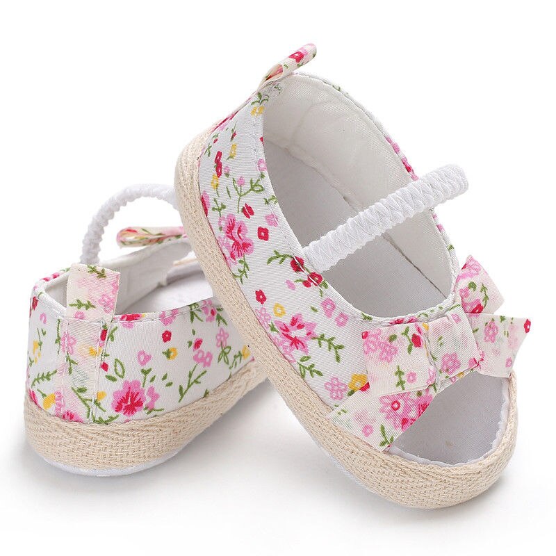 Sommer Niedlichen Baby Mädchen freundlicher Sandale Schuhe Baumwolle Spitze Blumen- Bogen Flache Mit Ferse Unterhose Auf Süße lässig Schuhe Outfit 3-18M