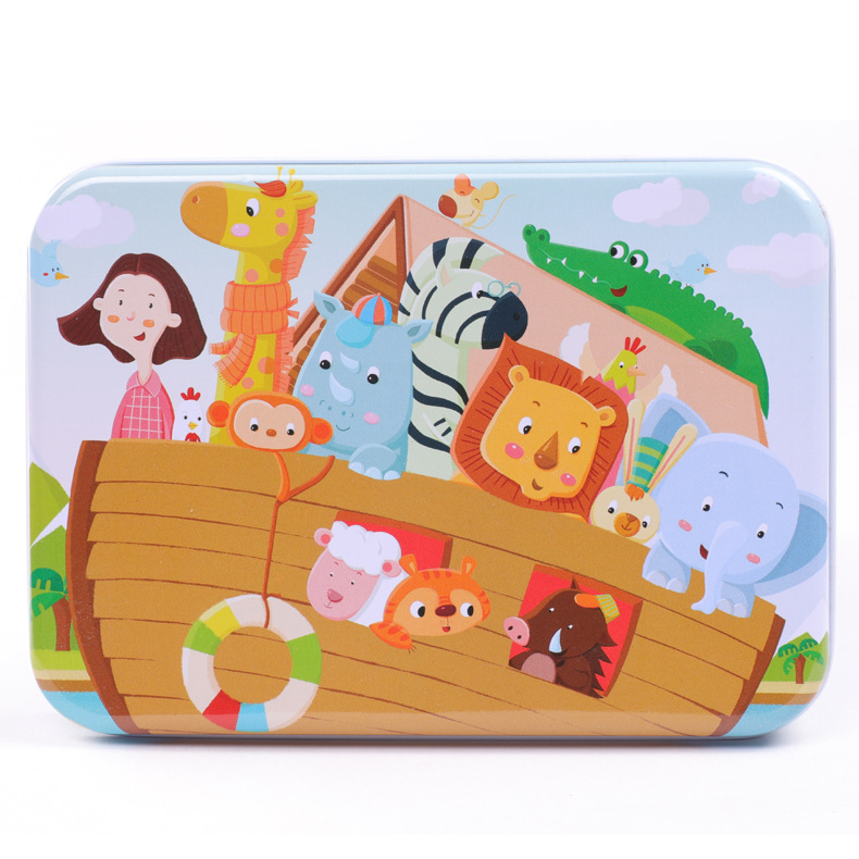 120 Stuks Houten Puzzel Cartoon Speelgoed 3D Hout Puzzel Met Ijzeren Doos Pakket Puzzel Kind Verbeteren Logisch Denkvermogen speelgoed