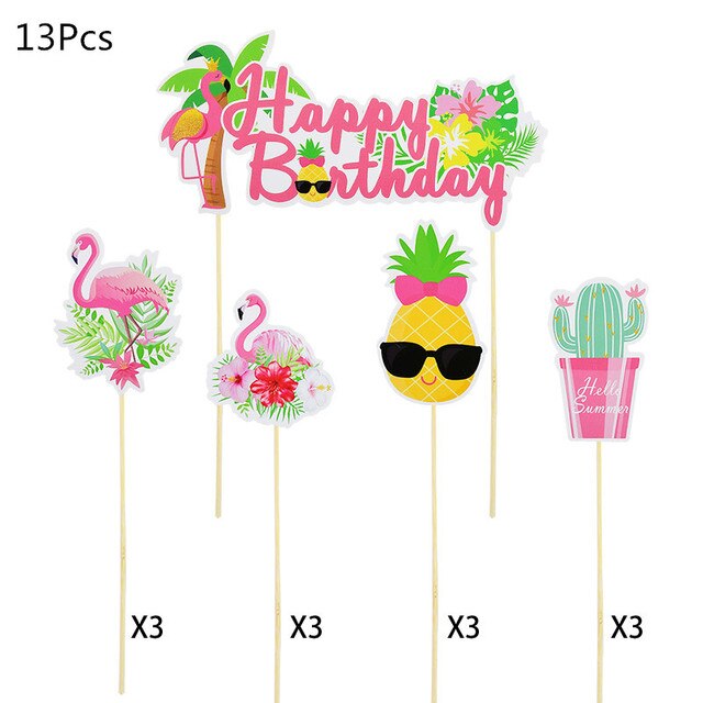 10/12Pcs Tropical Hawaii Party Green Leaf Cake Topper Flower Flamingo Cupcake Topper For Summer Jungle Birthday Party Cake Decor: A03-13Pcs