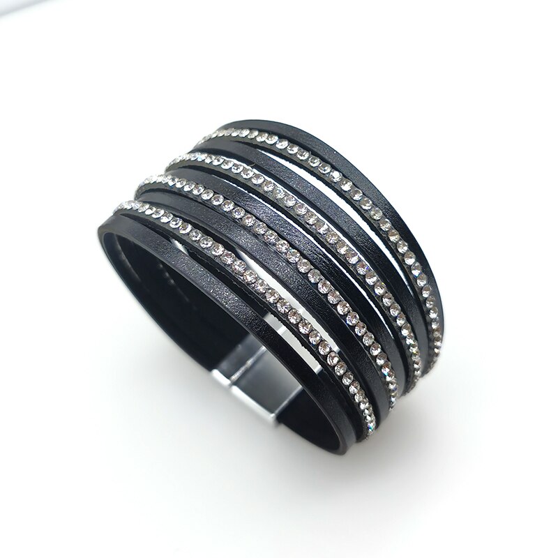 Totabc Black Crystal Lederen Armbanden Voor Vrouwen Strips Boho Multilayer Wide Wrap Armband Sieraden