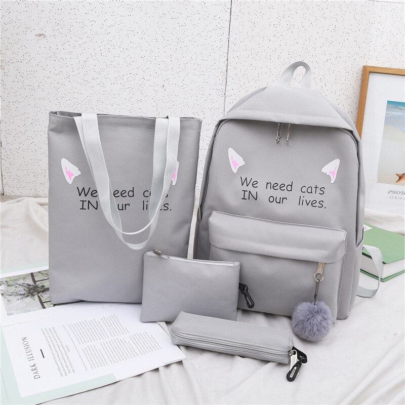 Children Bags Teenage Students Zipper Shoulder Canvas Backpacks Girls School Backpack Kids 3pcs/set Letters Printing Women Bags: Gray