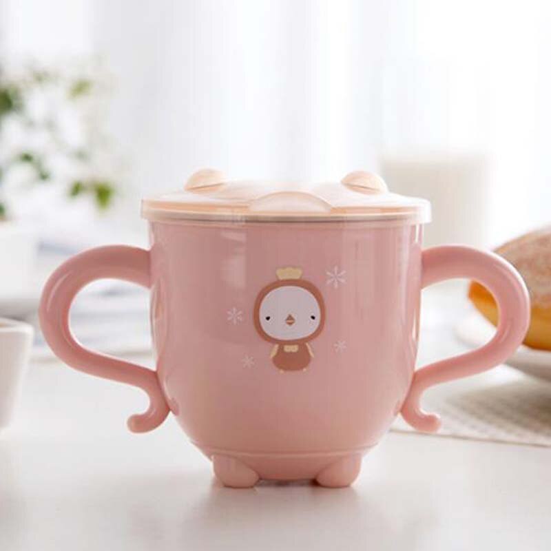 Kinderen met deksel babybekers roestvrij staal dier schattig baby drinkgerei met handvat natuurveilig materiaal kinder drinkgerei: Roze kopje