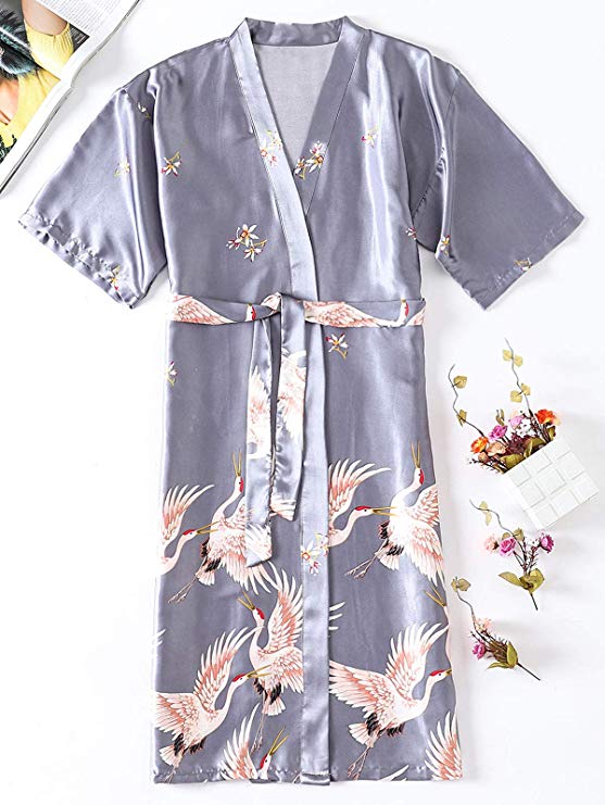 Grau Satin- Lange Bademantel Frauen Hochzeit Braut Brautjungfer Kleid Nachthemd Nachtwäsche Druck Kran Kimono Größe S M L XL XXL XXXL