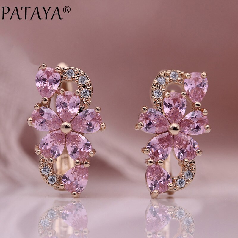 PATAYA Water Pruimenbloesem Dangle Oorbellen Vrouwen Mode Trendy Sieraden 585 Rose Goud Bloemblaadje Natuurlijke Zirkoon Blauw Oorbellen