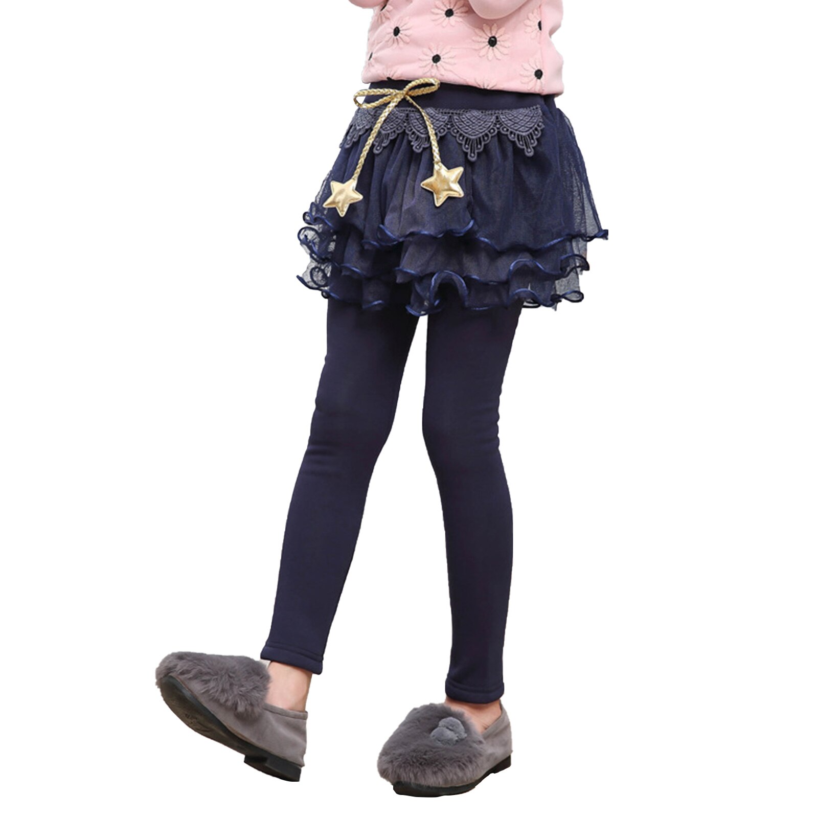 Pantaloni per bambini Leggings per ragazze con gonna Tutu in maglia a strati autunno inverno abbigliamento per bambini Leggings in cotone stelle gonna ornata-pantaloni: Navy Blue / 160