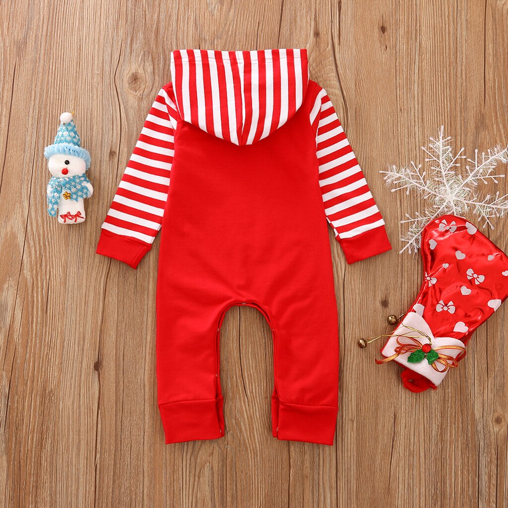 Nyfødt spædbarn baby drenge piger jule jumpsuits hættehals stribe lange ærmer tegneserie lang romper overall tøj