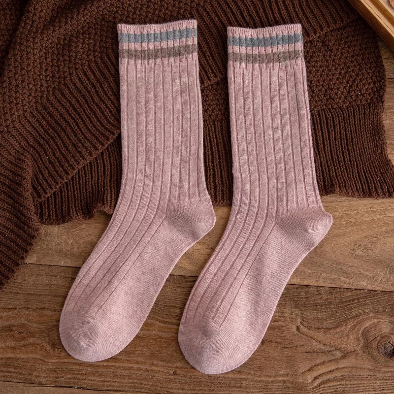 Chaussettes Vintage en coton pour femmes, longues, amples, solides, tricotées, rayées, respirantes, collection printemps-automne: Pink