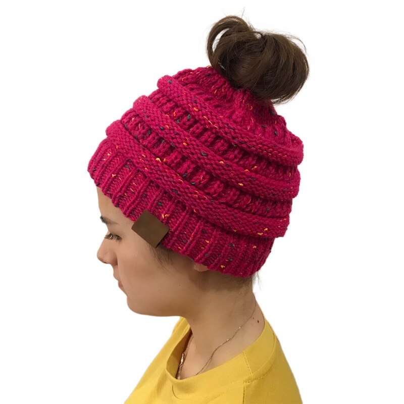 Doitbest Winter Female Ball Cap Top Hole Hat For Women Girls Hat Knitted Beanies Cap Hat Thick Womens lady Skullies knit Beanies: rose