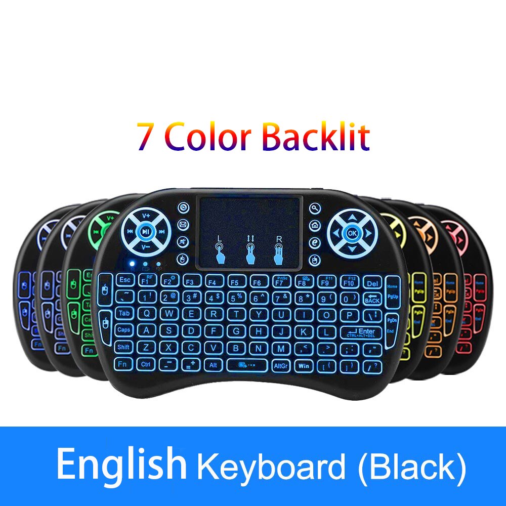 7 färger bakgrundsbelyst  i8 mini trådlöst tangentbord 2.4g engelska ryska spanska luftmus handhållen pekplatta för android tv box mini pc: Engelska bakgrundsbelyst