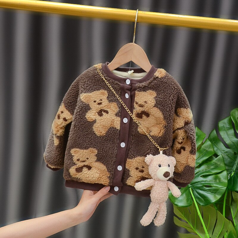Chaqueta con estampado de oso para niña pequeña, a la abrigo grueso, ropa bonita para mantener el calor, Tops suaves, Otoño e Invierno: MMXY-627-brown / 12M