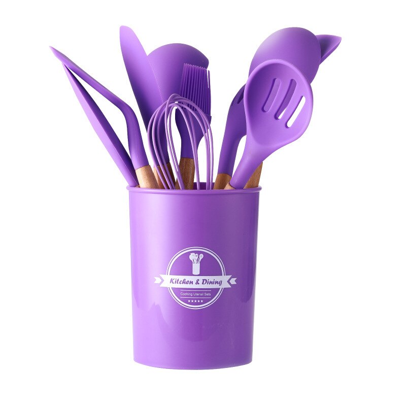 11Pcs Siliconen Koken Tools Keukengerei Houten Handvat Kookgerei Set Accessoires Non-stick Spatel Eiklopper: Purple