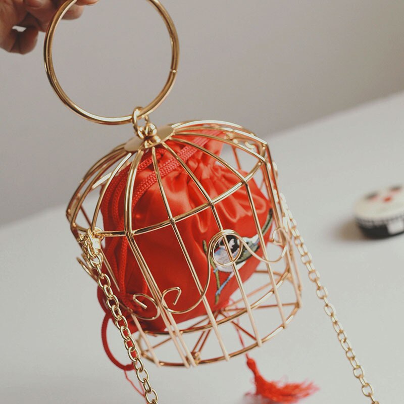 Gouden Kwastje Handtas Vrouwen Birdcage Avondtasje Clutch Metalen Frame Borduurwerk Emmer Vogelkooi Mini Bag Purse: Red