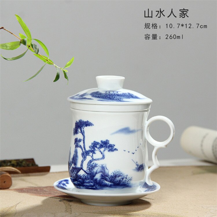 Retro Chinese Blauw Wit Porselein Thee Cup Set Met Schotel Deksel Infuser 260 Ml Keramische Theekopje Met Thee Filter: Natural Village