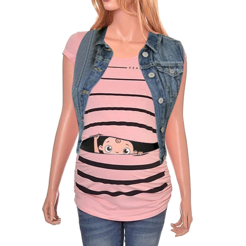 Mutterschaft T-Shirt Nette Lustige Baby Druck Gestreift Kurzarm T-Shirt Schwangere Spitzen Mutterschaft Oansatz Frauen Bluse Pflege oben